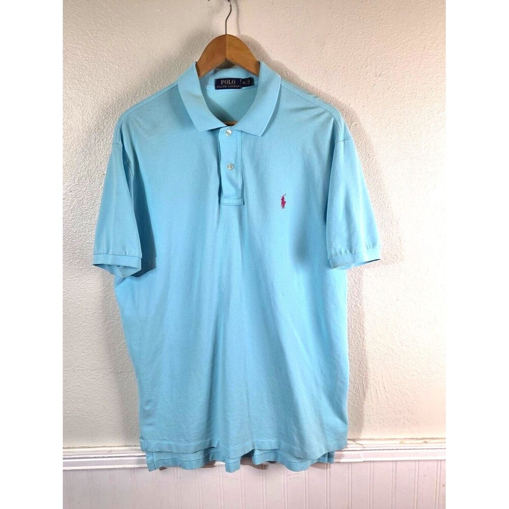 Polo Ralph Lauren Mens XL Blue Polo Shirt Pink Pony Short Sleeve Cotton Stretch